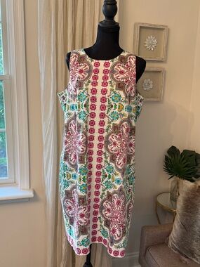 London Times Sleeveless Midi Dress in White, Pink, Teal and Green